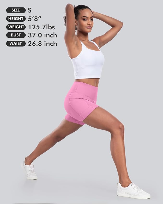 CHRLEISURE Womens Biker Yoga Shorts with Pocket, High Waisted Tummy Control 5 Inch Workout Spandex Athletic Gym Shorts