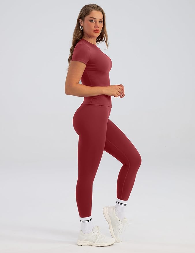 Relety Womens Two Piece Workout Sets Slim Fit Short Sleeve Shirt High Waist Leggings Yoga Outfits Matching Gym Set