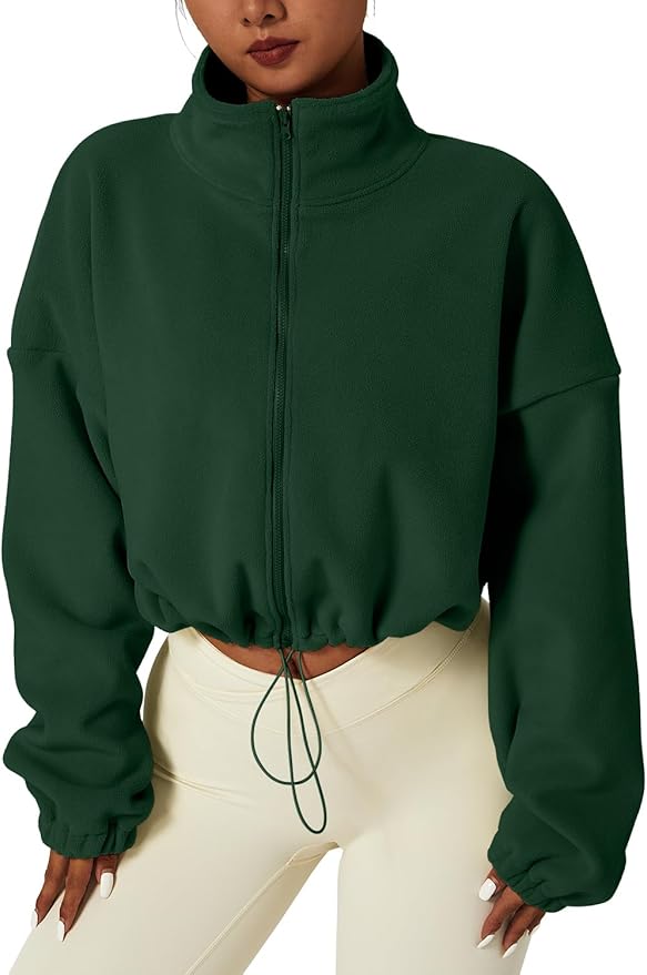 QINSEN Women's Full Zip Fleece Short Jacket Warm Winter Long Sleeve Stand Collar Sherpa Crop Coat