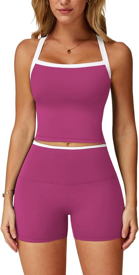 QBGJTD Two Piece Workout Sets For Women Tank Top Matching High Waist Booty Lifting Shorts Gym Yoga Active Wear Outfits