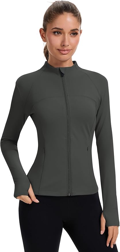Rapbin Women's Full Zip Workout jackets Runing Slim Fit Athletic Tops With Thumb Holes