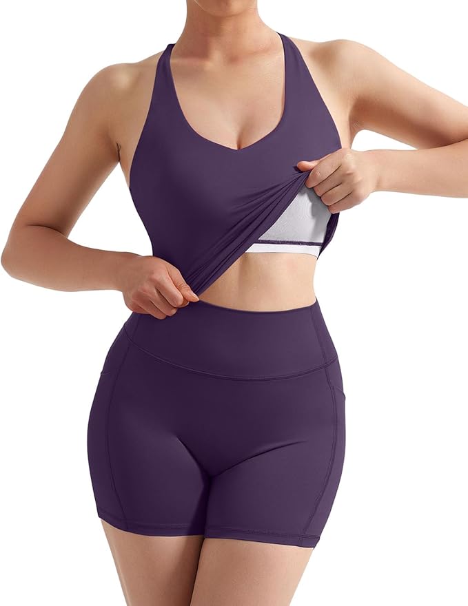 SUUKSESS Women 2 Piece Workout Sets Padded Tank Tops Tummy Control Leggings Gym Outfits