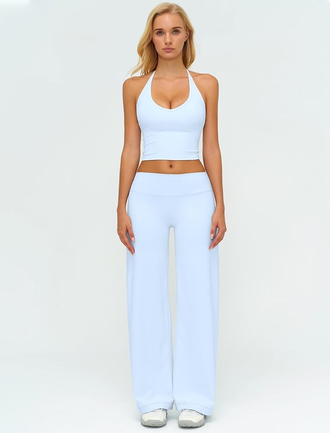 QBGJTD Womens Workout Sets Two Piece Spaghetti Straps Crop Top Matching Straight Leg Pants Gym Work Pilates Outfits