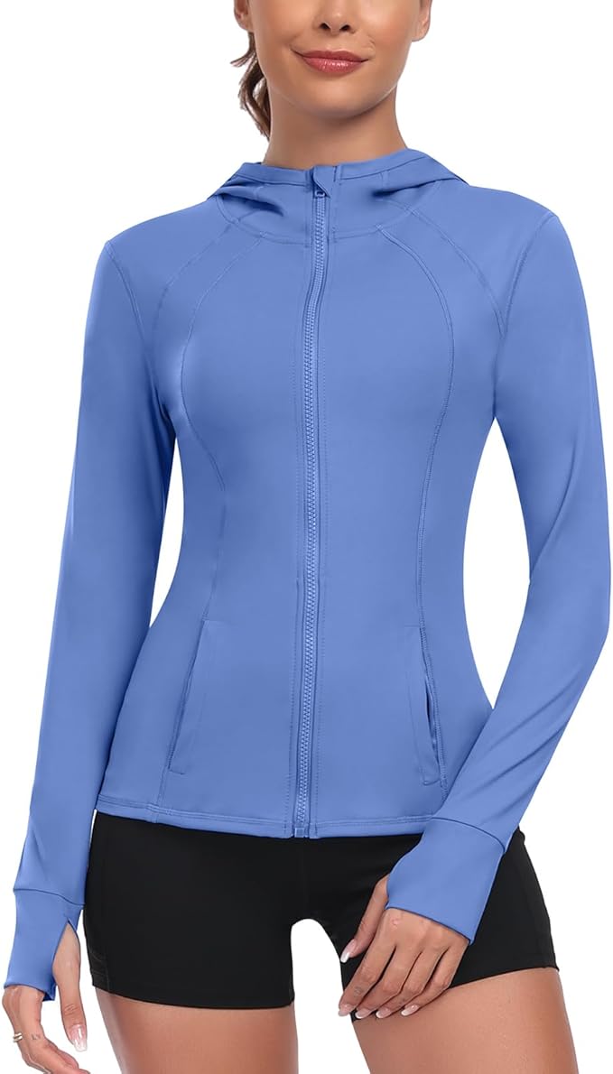 Women's Hooded Athletic Full Zip Workout Jacket With Pockets Running Slim Fit Yoga Sportwear With Thumb Holes