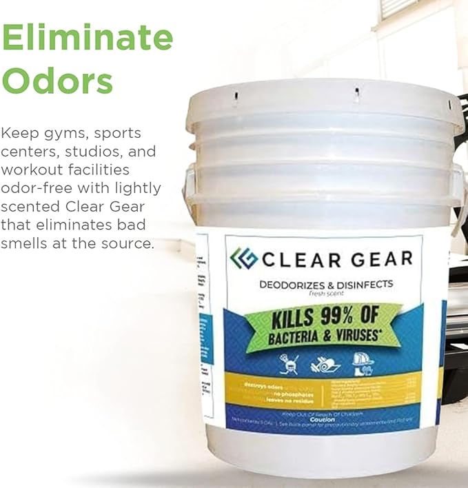 Clear Gear Disinfectant Spray, Mat Cleaner, and Deodorizer For Surfaces, Equipment, Protective Gear and Facilities - Hospital Grade Disinfectant - 5 Gallon Bulk Gym Cleaning Supplies