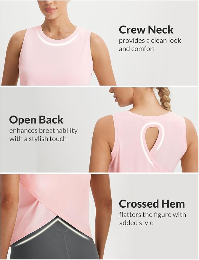 baleaf Women's Workout Tops Athletic Tank Tops Loose Fit Sleeveless Open Back Running Shirts UPF50+ Gym Exercise Yoga