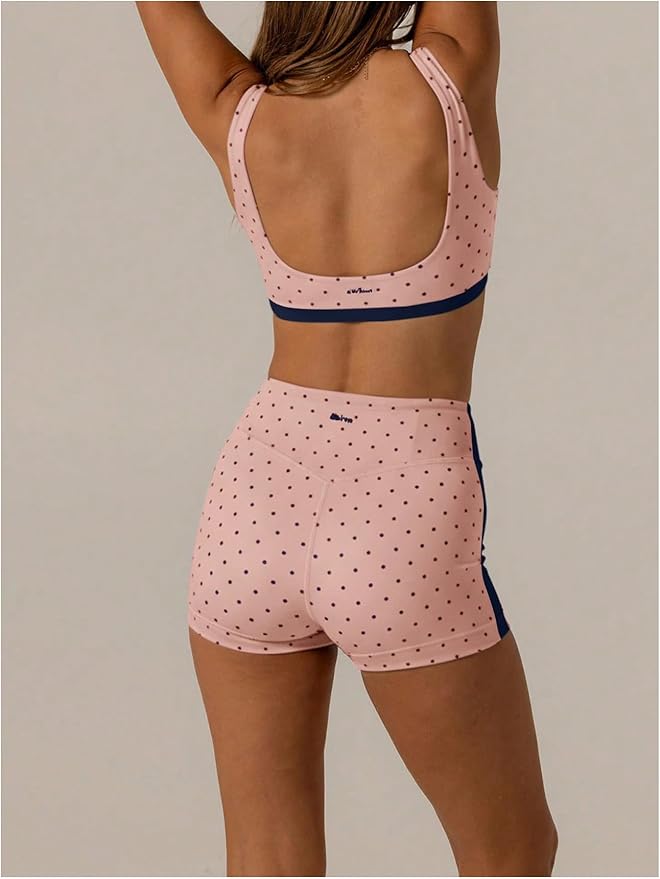 Milumia Women's Polka Dots Workout Set 2 Piece Color Block Yoga Outfit Bra Tank High Waisted Biker Shorts