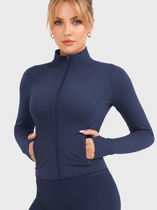 YEOREO Women Full Zip Workout Jacket with Pockets Thumb Hole Long Sleeve Athletic Cropped Jackets Gym Yoga Top