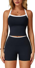 Women 2 Piece Workout Sets Padded Criss Cross Back Crop Tank High Waist Tummy Control Shorts Yoga Outfits