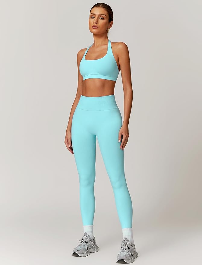 ABOCIW Workout Sets for Women Seamless Scunch Butt Lifting Impact Leggings Halter Sports Bra 2 Piece Gym Outfits