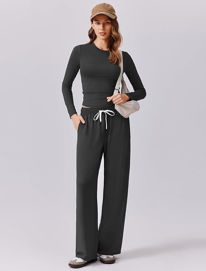 PINSPARK Women 2 Piece Lounge Set Long Sleeve Cropped Top Wide Leg Pants with Pockets 2024 Fall Outfits Matching Tracksuit