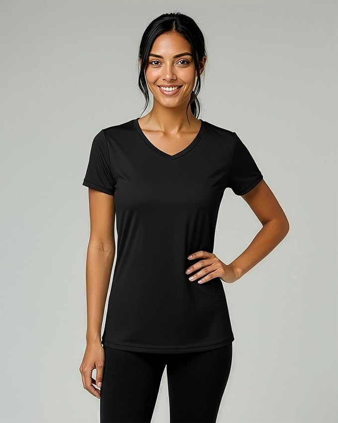 Real Essentials 5 Pack: Women's Dry-Fit Short Sleeve V Neck T Shirt Workout Fitness Yoga Top Tee (Available in Plus Size)