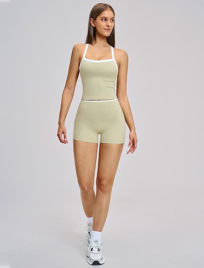 Women 2 Piece Workout Sets Padded Criss Cross Back Crop Tank High Waist Tummy Control Shorts Yoga Outfits