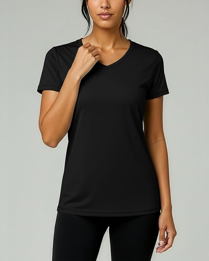 Real Essentials 5 Pack: Women's Dry-Fit Short Sleeve V Neck T Shirt Workout Fitness Yoga Top Tee (Available in Plus Size)