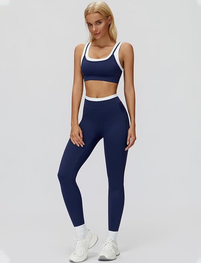 Women 2 Piece Workout U Back Color Block Sports Bra High Waist Active Leggings Yoga Pilates Outfits