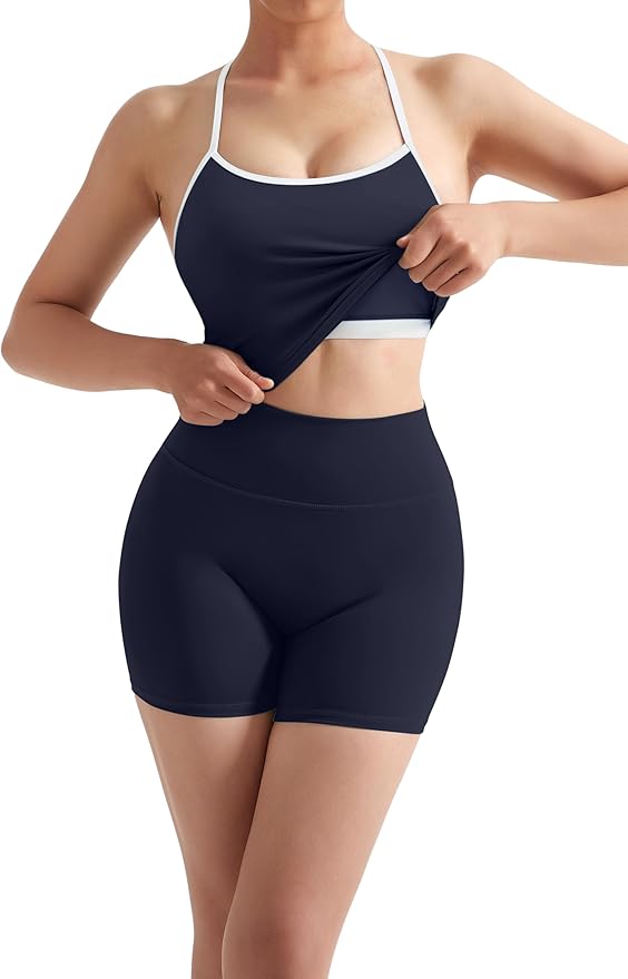 SUUKSESS Women 2 Piece Workout Sets High Waisted Tummy Control Biker Shorts Halter Padded Tank Tops