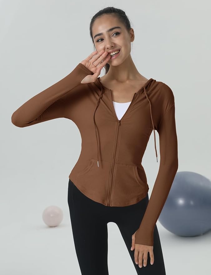 Locachy Womens Slim Fit Full Zip Hoodie Athletic Jacket Yoga Workout Running Jackets with Thumb Holes