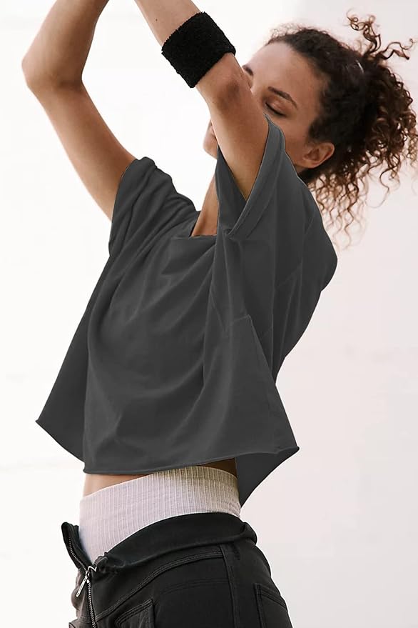 Women's Oversize Workout Crop Tops Casual Short Sleeve Drop Shoulder Boxy T-Shirts Roll Hem Basic Loose Yoga Running Tees
