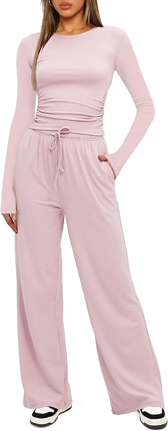 Darong Women's 2 Piece Outfits Lounge Sets 2026 Long Sleeve Tops Wide Leg Pants Casual Matching Set
