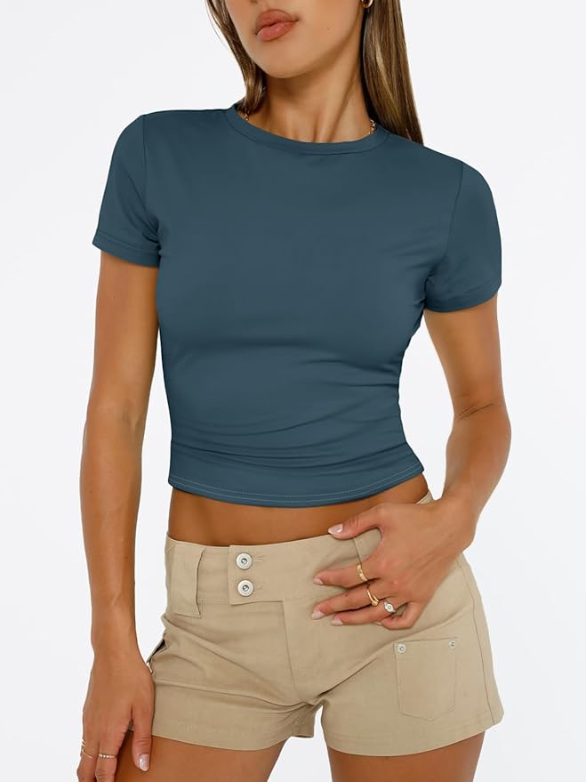 Trendy Queen Womens Short Sleeve T Shirts - Buttery Soft Summer Crop Tops Slim Fit Y2k Basic Tees for Workout