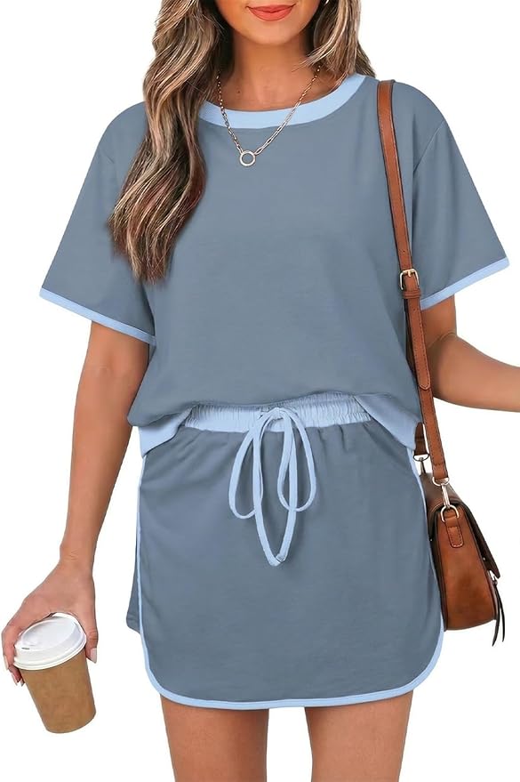 Opemiby Womens 2 Piece Skort Set 2026 Color Block Short Sleeve Top Drawstring Skort Matching Sets Casual Lounge Summer Outfit