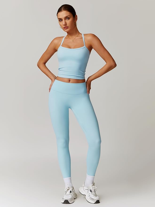 QBGJTD Womens Workout Sets Two Piece Cross Back Tank Top Matching High Waist Leggings Sets Gym Outfits Work Out Clothes