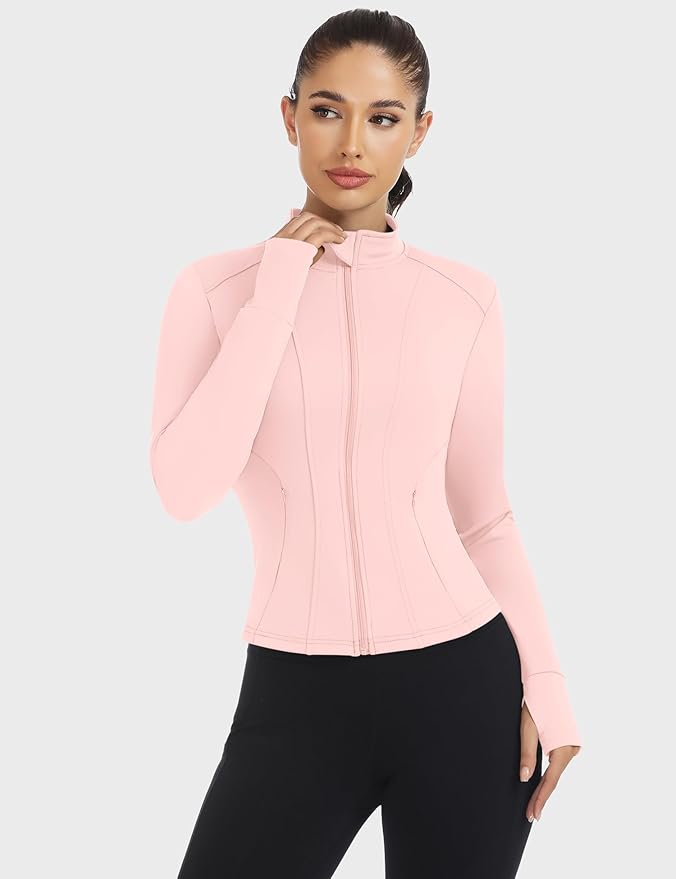 Loovoo Women's Workout Jacket Lightweight Zip Up Athletic Jackets Cropped Slim Fit Running Yoga Tops with Pockets