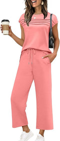 WIHOLL Two Piece Sets for Women Summer Spring Travel Vacation Outfits Cap Sleeve Lounge Matching Sets Wide Leg Pants S-3XL