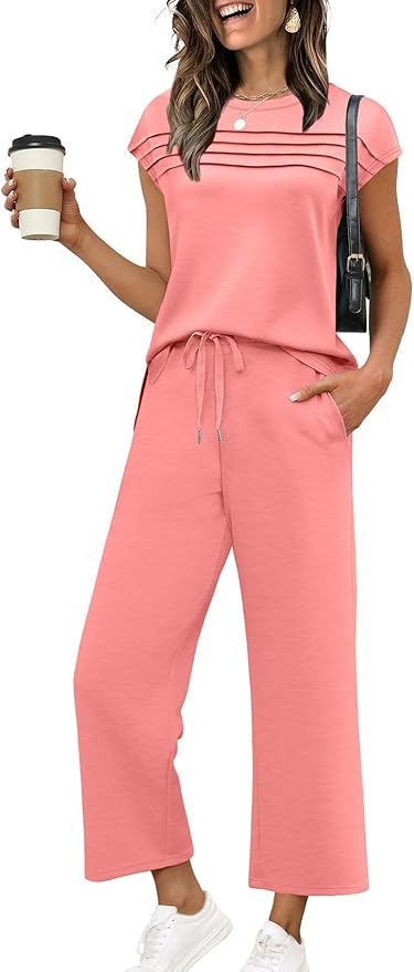 WIHOLL Two Piece Sets for Women Summer Spring Travel Vacation Outfits Cap Sleeve Lounge Matching Sets Wide Leg Pants S-3XL
