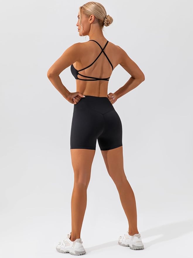 ABOCIW Workout Sets for Women 2 Piece Twist Front Halter Sports Bras High Waist Biker Shorts Exercise Gym Yoga Outfit