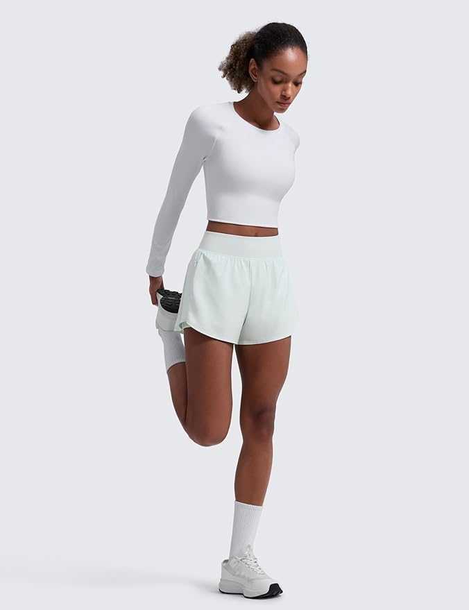CRZ YOGA 2 in 1 Double Layer Running Shorts for Women 3" - High Waisted for Athletic Tennis Workout with Zip Pockets