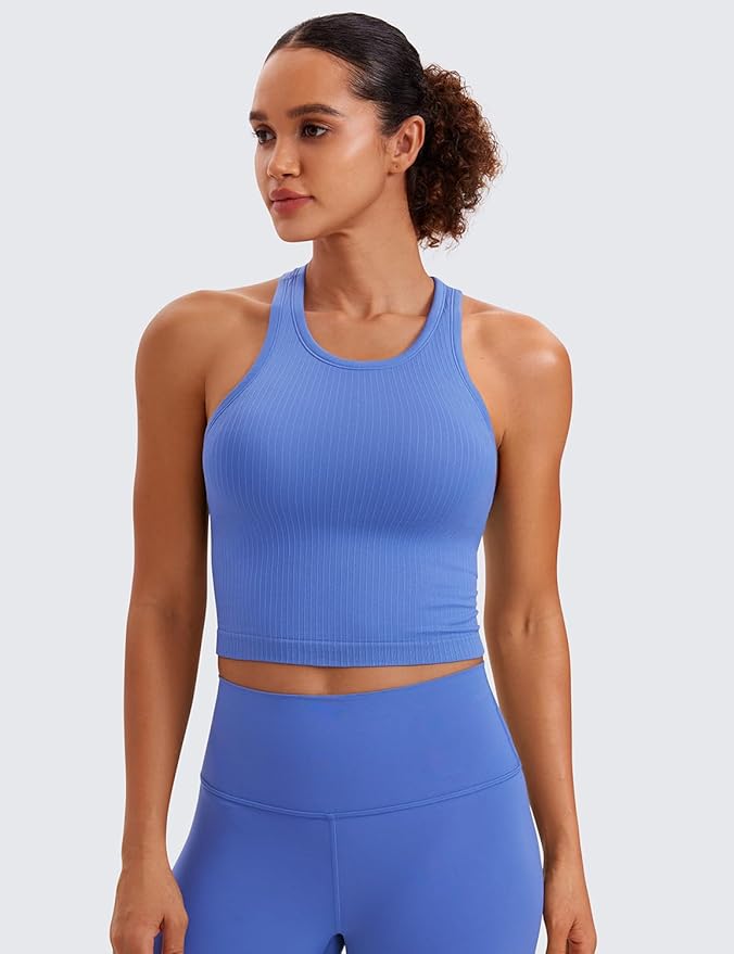 CRZ YOGA Seamless Ribbed High Neck Crop Tank Tops for Women - Longline Racerback Padded Sports Bras