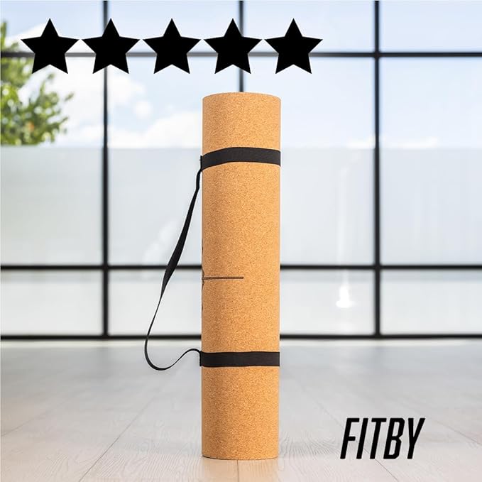 Workout Mat with Carrying Strap - 6mm Thick Cork Yoga Mat (72” x 24”) - Non-Slip Cork Mat for Home, Gym, Fitness & Hot Yoga - Lightweight, Cushioned, Durable & Sweat-Resistant by Fitby