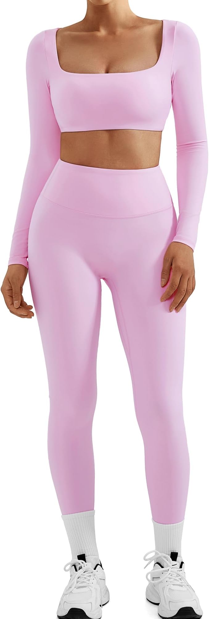 SUUKSESS Women 2 Piece Workout Sets Compression Tummy Control Leggings with Pockets Long Sleeve Square Neck Padded Crop Tops