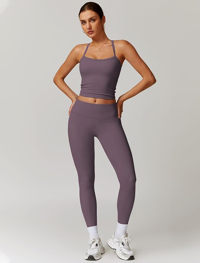 QBGJTD Womens Workout Sets Two Piece Cross Back Tank Top Matching High Waist Leggings Sets Gym Outfits Work Out Clothes
