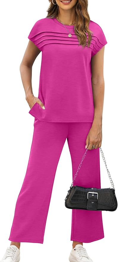 WIHOLL Two Piece Sets for Women Summer Spring Travel Vacation Outfits Cap Sleeve Lounge Matching Sets Wide Leg Pants S-3XL
