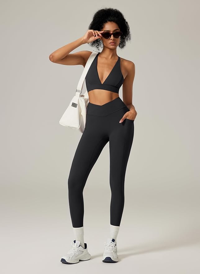 RXRXCOCO 2 Piece Workout Sets for Women Strappy Sports Bra Booty Leggings with Pockets Yoga Gym Outfits