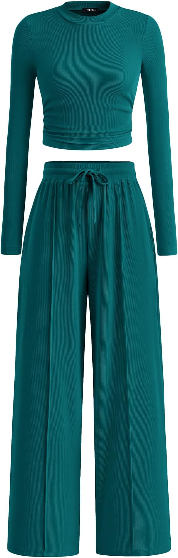 BTFBM Casual 2 Piece Sets For Women Fall Outfits 2026 Ribbed Spring Long Sleeve Crop Top Wide Leg Pants Matching Lounge Set