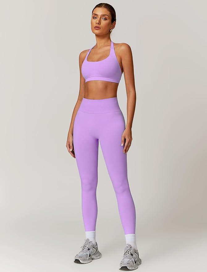 ABOCIW Workout Sets for Women Seamless Scunch Butt Lifting Impact Leggings Halter Sports Bra 2 Piece Gym Outfits