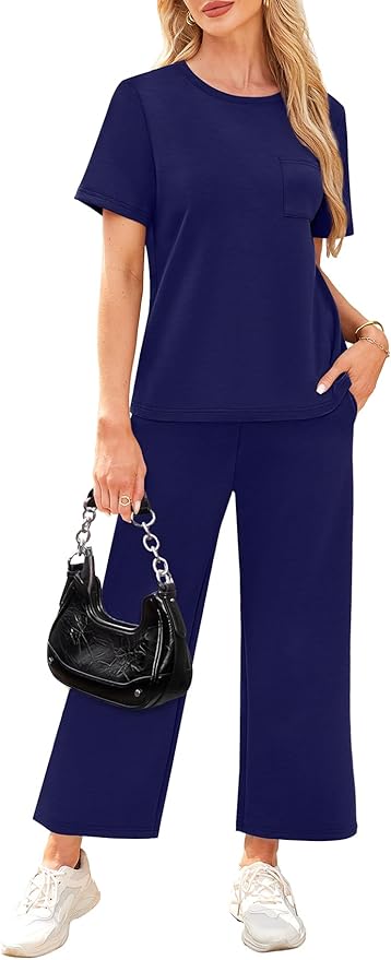 WIHOLL 2 Piece Sets for Women Casual Summer Travel Vacation Outfits Short Sleeve Wide Leg Crop Pants Lounge Sets