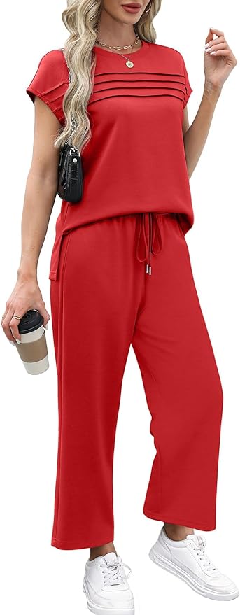 WIHOLL Two Piece Sets for Women Summer Spring Travel Vacation Outfits Cap Sleeve Lounge Matching Sets Wide Leg Pants S-3XL