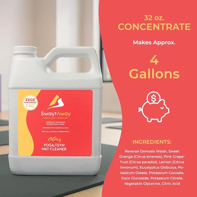 SwaytAway Fitness Mat Cleaner Concentrate – 32oz/Make 4 Gal - No-Slip No-Residue Citrus Essential Oil Formula – USA Made Aromatherapy Yoga Mat Spray for Home & Studio – Natural Cleaning Solution