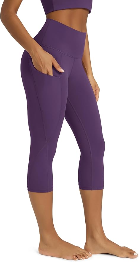 ODODOS Women's High Waisted Yoga Capris with Pockets, Tummy Control Non See Through Workout Athletic Running Capri Leggings