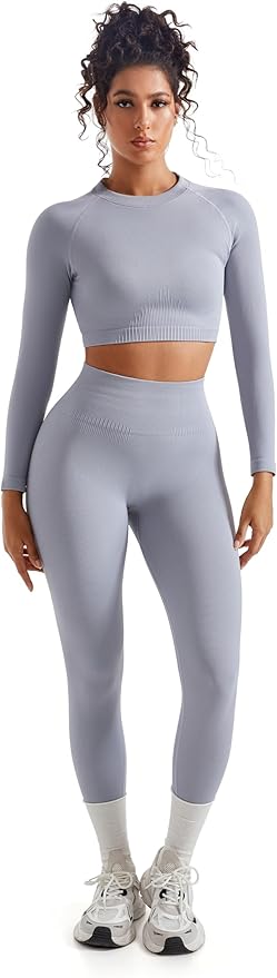 SUUKSESS Women 2 Piece Workout Sets Hidden Scrunch Hip Lifting Seamless Leggings Long Sleeve Yoga Crop Tops