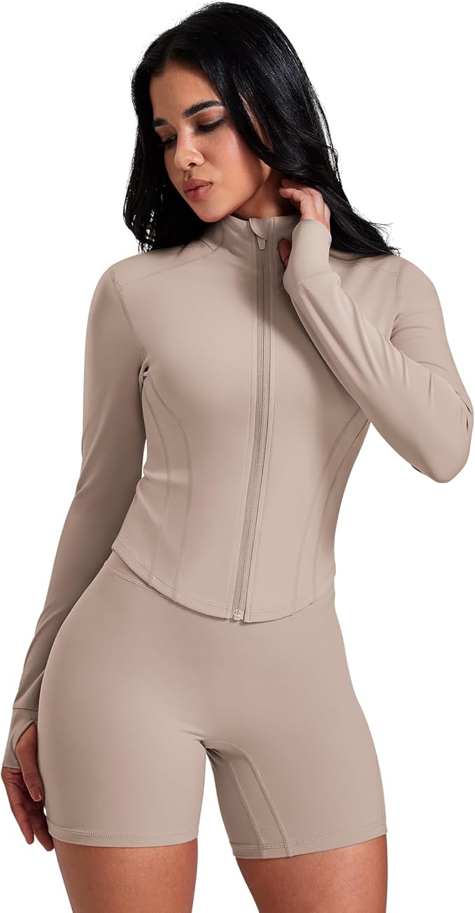 AVGO Women's Workout Jacket Lightweight Zip Up Crop Top Running Sportwear Slim Fit Gym Jackets With Thumb Holes