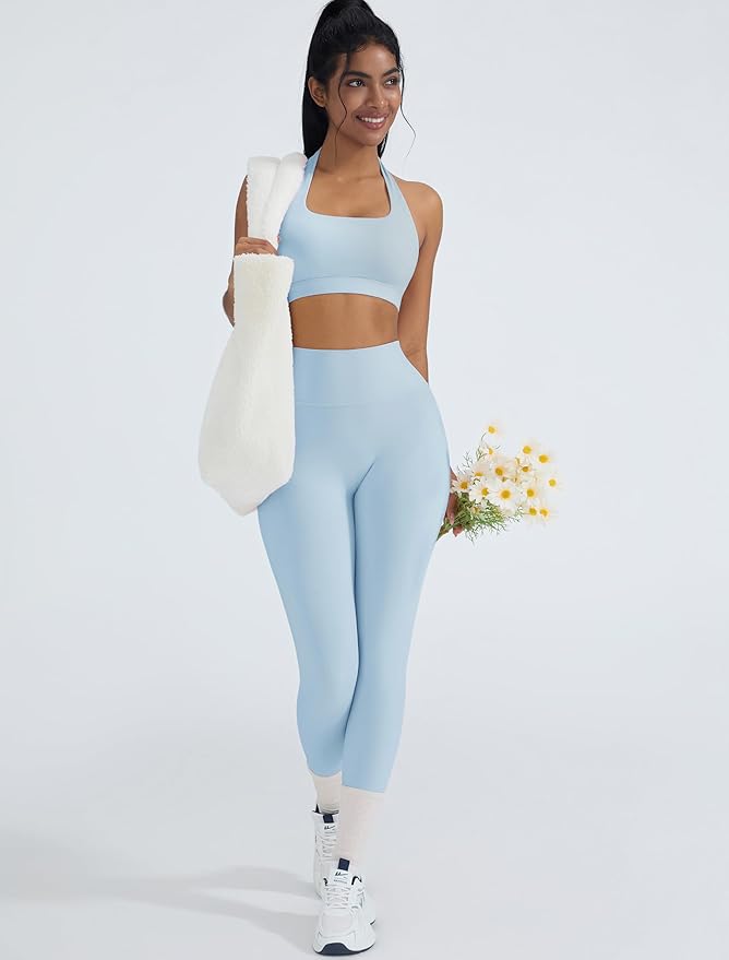 OMKAGI 2 Piece Workout Sets for Women Halter Sports Bras Gym Sets Booty Leggings Outfits