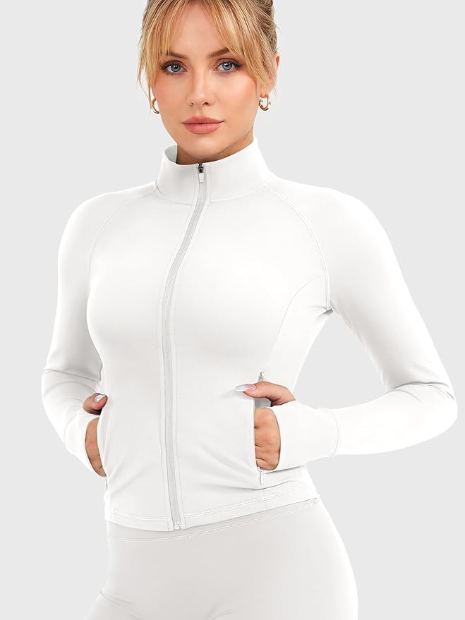 YEOREO Women Full Zip Workout Jacket with Pockets Thumb Hole Long Sleeve Athletic Cropped Jackets Gym Yoga Top