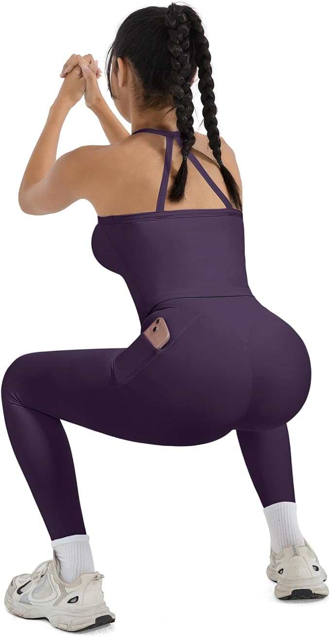 SUUKSESS Women 2 Piece Workout Sets Compression Tummy Control Leggings with Pockets Halter Built in Bra Tank Tops