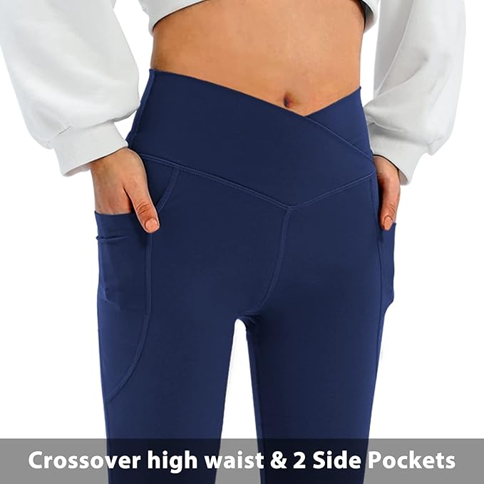 DLOODA Women's Flare Leggings with Pockets Crossover High Waisted Bootcut Yoga Pants Tummy Control Bell Bottom Leggings