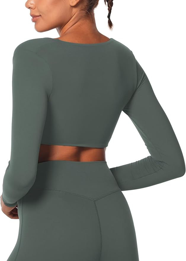 Sunzel Long Sleeve Workout Tops for Women Buttery Soft Deep V Twist Cropped Tops with Compression for Yoga Pilates Gym Outfit